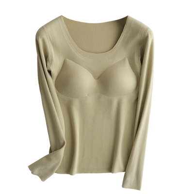 德绒带胸垫无痕修身保暖长袖上衣