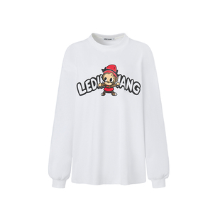 LEDIM WANG纯棉印花长袖T恤女白色宽松廓形百搭上衣2026春季新款