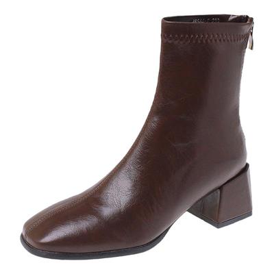 粗跟棕色小短靴女方头弹力及踝靴