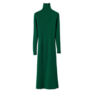 秋冬款100%羊绒衫女高领中长款过膝连衣裙抽条针织毛衣宽松羊毛衫