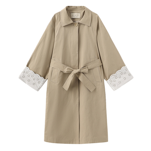 CUBIC马里波恩 经典蕾丝翻边拼接袖口大廓形卡其色中长款风衣