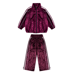 儿童街舞演出服爵士舞酒红运动套装男童潮服少儿hiphop嘻哈女走秀