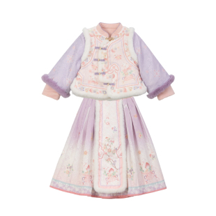 女童冬装加厚汉服新中式国风紫色套装儿童加棉加厚改良古风马面裙