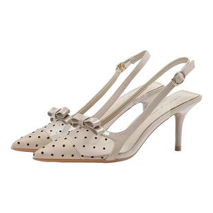 蝴蝶结包头高跟鞋女2025夏新款波点网纱法式凉鞋尖头浅口细跟单鞋