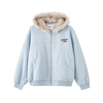 三福加厚外套2025新款冬季宽松连帽刺绣加绒保暖派克服女装512261