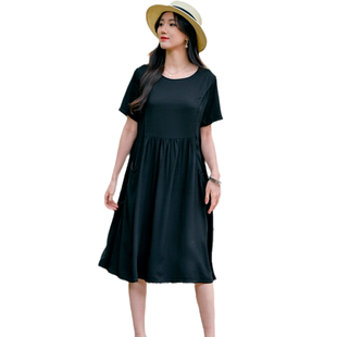 2026新款纯色棉绸连衣裙女夏气质妈妈沙滩裙宽松大码人造棉长裙子