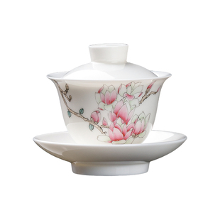 妙莲天香庄晓明大师手绘芝兰玉树三才盖碗高端羊脂玉瓷茶具泡茶碗