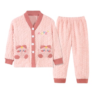 秋冬季2025新款儿童睡衣薄款法兰绒V领套装珊瑚绒卡通女童家居服