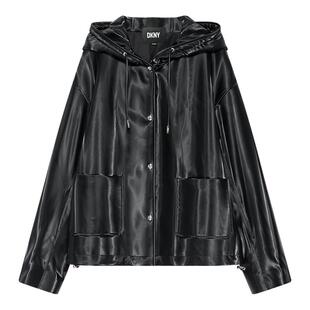 DKNY唐可娜儿PU皮夹克外套女装黑色宽松连帽时尚休闲简约潮流上衣