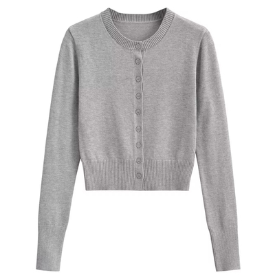 纯色基本款圆领系扣长袖针织开衫