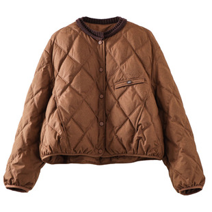 欧货冬季2025年新款圆领90白鸭绒菱格羽绒服女单排扣时尚保暖外套