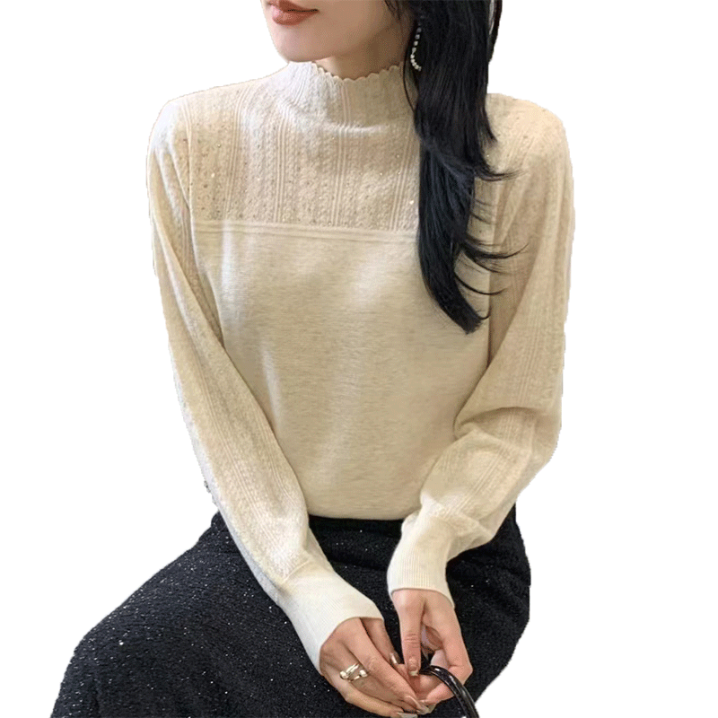 半高领蕾丝打底衫女内搭2025秋冬新款时尚洋气时髦镶钻针织衫上衣