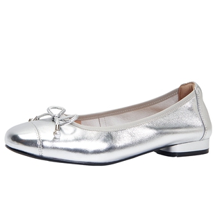 百田森羊皮浅单鞋女2025春新舒软平底鞋女银色芭蕾鞋真皮蝴蝶结