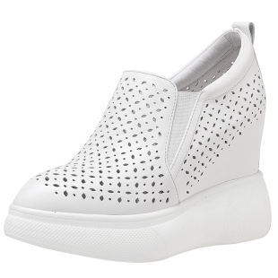 北西迪12CM内增高松糕鞋女真皮尖头小白鞋春夏镂空单鞋厚底女鞋潮