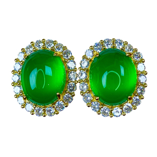 天然冰种玉髓耳钉女款镶嵌金色宝石耳环网红爆款高端绿玛瑙耳坠子