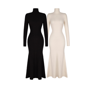 XULU原创特丽绒舒适百搭休闲包臀裙优雅气质显瘦高领长袖连衣裙