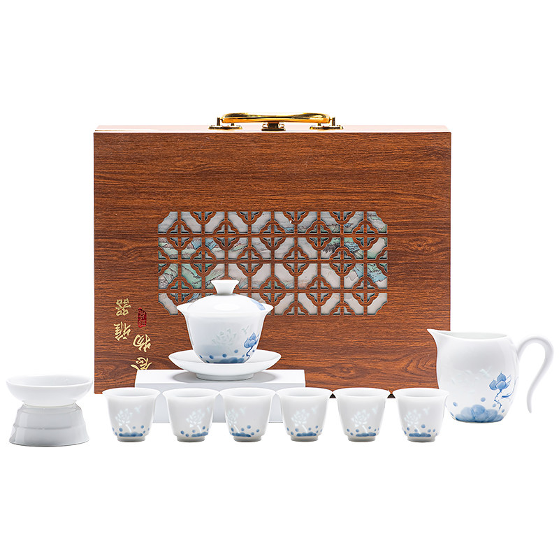 景德镇青花玲珑茶具套装