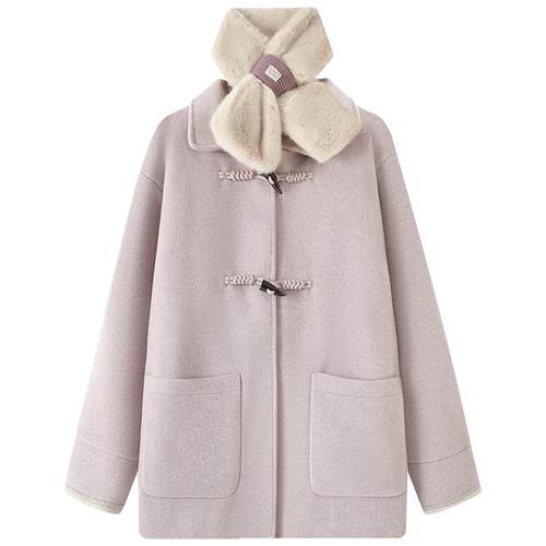 慕兔小个子牛角扣毛呢外套女2025冬季新款加绒加厚中长款呢子大衣