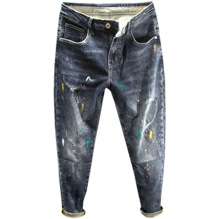 三古木棉 春秋季补丁破洞裤子男款潮牌泼墨牛仔裤男修身小脚长裤