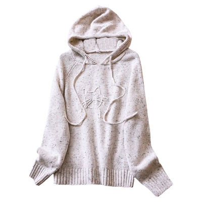 立体小猫连帽插肩袖宽松套头毛衣