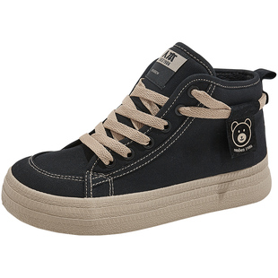 人本2026冬季新款高帮帆布鞋女复古黑色加绒保暖短靴百搭棉靴女款