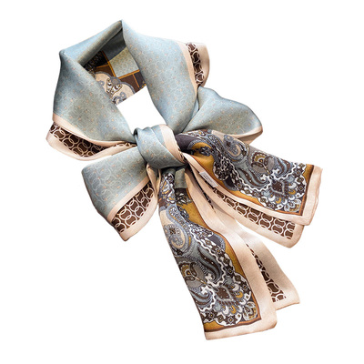 气质一抹蓝真丝长条丝巾系脖春夏