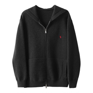 特价 松弛慵懒风双拉链北极绒连帽针织开衫男冬骑士刺绣毛衣外套