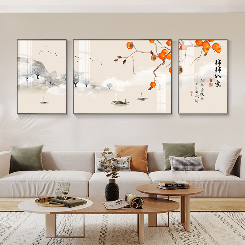 新中式客厅装饰画寓意好挂画高档山水三联画茶室壁画沙发背景墙画