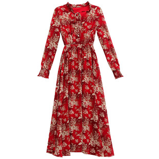 长袖雪纺连衣裙女2025新款收腰显瘦休闲气质荷叶边长款碎花裙大码