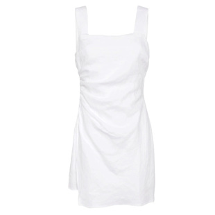 reformation法式棉麻方领粉白色吊带连衣裙小个子高级感褶皱短裙