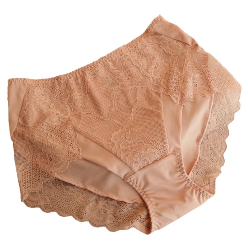 大码牛奶丝内裤女士高腰蕾丝边无痕包臀舒适纯棉裆胖mm三角裤透气