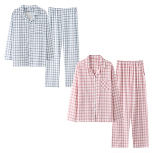 新疆棉情侣睡衣男女款春秋纯棉格子长袖对襟套装日系可外穿家居服