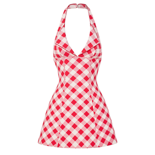 LSOUL 红白格复古挂脖A字裙露背束腰度假风浪漫甜心女装连衣裙