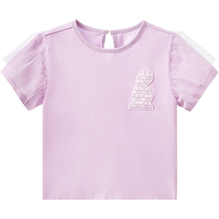 英氏儿童短袖t恤夏女童夏季薄款上衣网纱荷叶袖女宝宝夏装新款