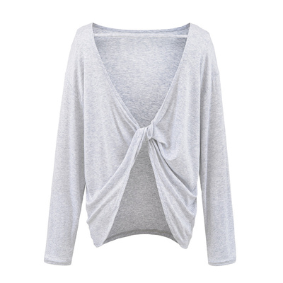 法式露肩后背扭结长袖t恤上衣