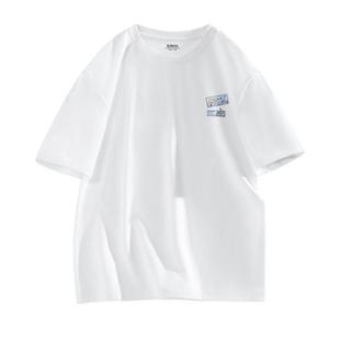 班尼路白色t恤短袖男夏季重磅纯棉圆领体恤简约印花青少年半袖衫A