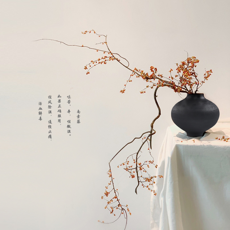 黑色陶罐陶瓷花瓶摆件禅意插花花器侘寂风中式现代高级感粗陶花盆