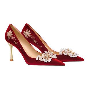 绝美婚鞋女新娘鞋秀禾主婚纱两穿不累脚中式酒红色婚礼敬酒高跟鞋