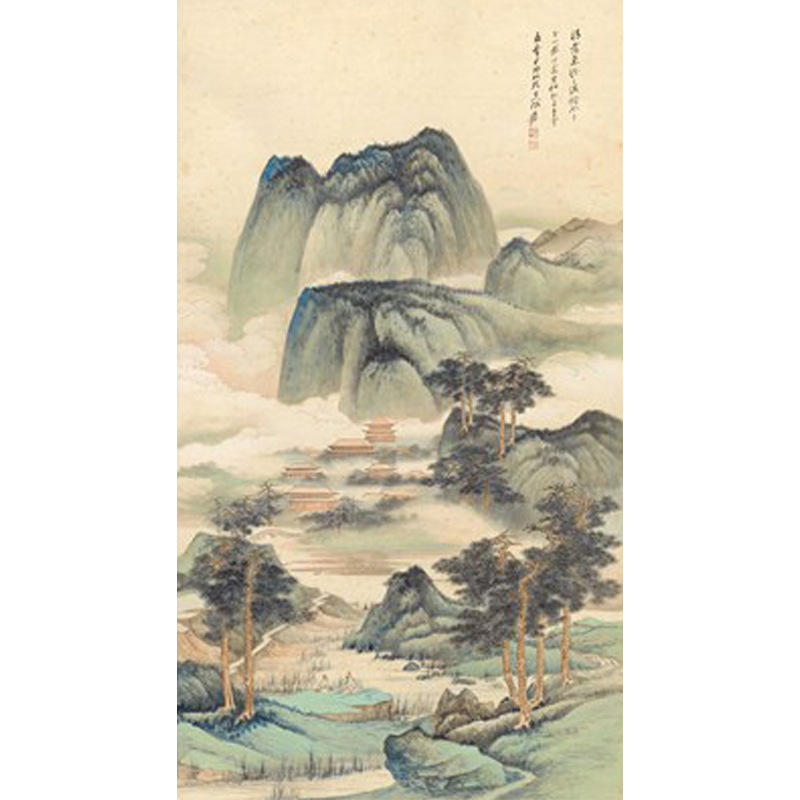 近代张大千中堂山水（晴霭仙阁图）工笔玄关画国画办公室竖挂画