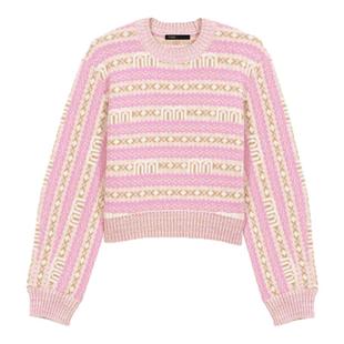 Maje秋冬女装高智淡人穿搭条纹提花经典圆领短款宽松长袖针织上衣