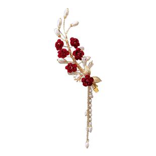 新中式头花红色珍珠头饰女新娘敬酒服发饰新款大气订婚旗袍发夹女