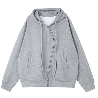 休闲风设计加绒弧形拉链连帽卫衣