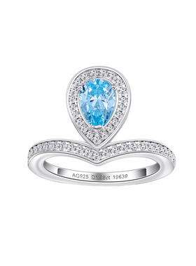 珠宝级~海蓝宝钻石戒指皇冠钻戒925银镀真金满钻求婚戒礼物女款