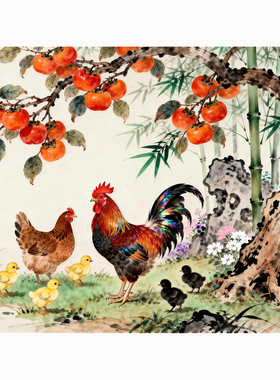 现代中式公鸡画事事如意田园风光装饰画客厅玄关家居饰品贴纸画