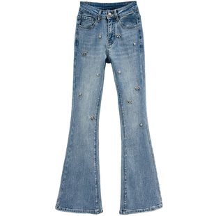 镶钻喇叭牛仔裤女长裤潮2026春秋新款高腰弹力百搭欧货修身微喇裤