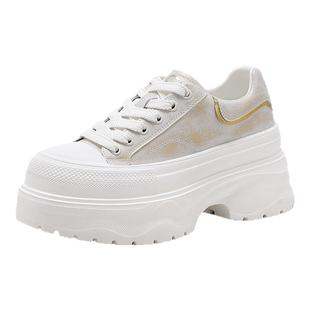 千百度休闲鞋女擦色复古新款圆头厚底拼色女鞋轻奢简约韩系休闲鞋