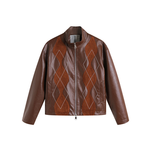 ATRY皮衣外套男春季新款潮牌复古美式痞帅菱格拼接麂皮PU机车夹克