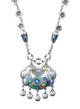 新客纯银925景泰蓝珐琅54克左右莲花鱼如意锁挂件双面银锁项链