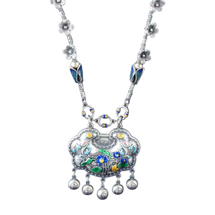 纯银925景泰蓝珐琅54克左右国风锦鲤戏莲如意吉祥锁双面毛衣项链