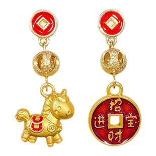 卡洛美招财进宝耳环女不对称新年小马红色小众耳钉高级感百搭耳饰